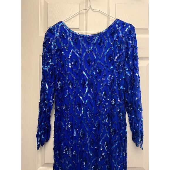 O.R. Silk Dress‎ Women's Small Blue Beaded Sequin Evening Cocktail Dress Vintage - Picture 12 of 15